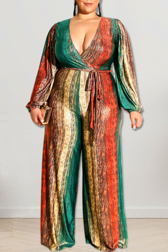 Red Casual Print Bandage Patchwork V Neck Plus Size Jumpsuits