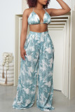 Blue Sexy Casual Print Bandage Backless Halter Sleeveless Two Pieces
