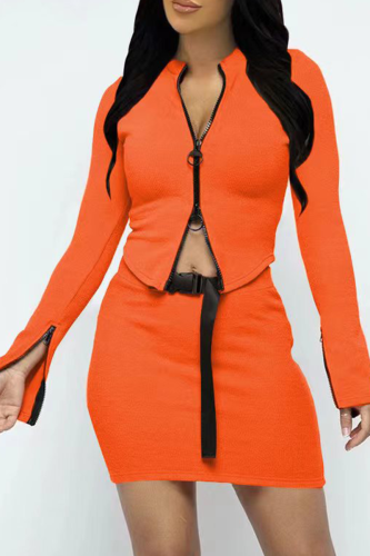 Tangerine Red Sexy Solid Patchwork Zipper Collar Long Sleeve Two Pieces