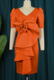 Orange Red Elegant Solid Patchwork Flounce V Neck Evening Dress Dresses