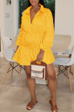 Yellow Casual Solid Patchwork Buckle Fold Turndown Collar A Line Dresses