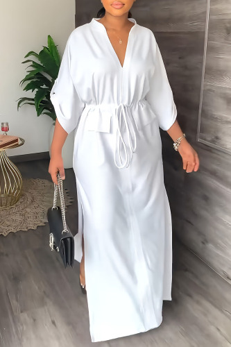 White Casual Solid Patchwork V Neck Straight Dresses