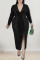 Black Sexy Solid Sequins Patchwork Slit V Neck Plus Size Dresses