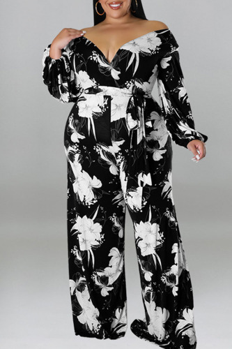 Black Casual Print Bandage Patchwork V Neck Plus Size Jumpsuits