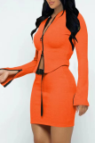 Tangerine Red Sexy Solid Patchwork Zipper Collar Long Sleeve Two Pieces
