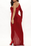 Red Fashion Sexy Solid Patchwork Slit Oblique Collar Long Sleeve Dresses
