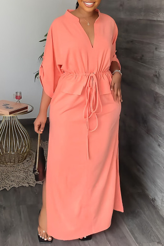 Pink Casual Solid Patchwork V Neck Straight Dresses