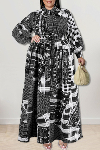 Black Fashion Casual Print Patchwork Buckle With Bow Shirt Dress Plus Size Dresses
