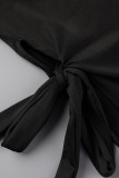 Black Casual Print Bandage Patchwork O Neck Plus Size Dresses