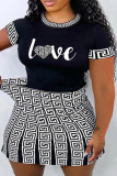 Black And White Fashion Casual Letter Print Patchwork O Neck Plus Size Two Pieces