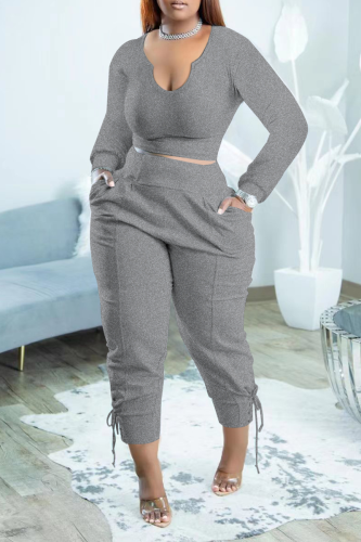 Grey Fashion Solid Draw String U Neck Long Sleeve Two Pieces