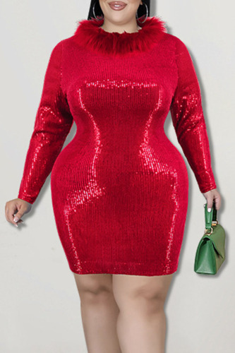 Red Fashion Sexy Solid Sequins Patchwork Feathers O Neck One Step Skirt Plus Size Dresses