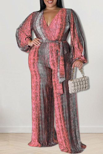 Pink Casual Print Bandage Patchwork V Neck Plus Size Jumpsuits
