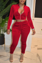 Red Sexy Solid Patchwork Zipper Collar Long Sleeve Two Pieces