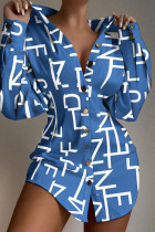 Blue Casual Print Patchwork Buckle Turndown Collar Tops