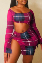 Rose Red Sexy Plaid Print Hollowed Out Patchwork Slit O Neck Pencil Skirt Dresses