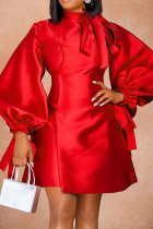 Red Fashion Casual Solid Patchwork With Bow Half A Turtleneck A Line Dresses