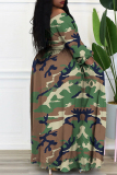 Army Green Fashion Casual Print Bandage Patchwork Slit Off the Shoulder Long Sleeve Plus Size Dresses