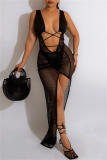 Black Fashion Sexy Solid Bandage Sleeveless Two Pieces