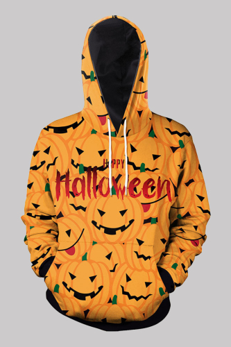 Orange Fashion Casual Print Patchwork Hooded Collar Tops