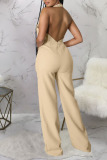 Apricot Sexy Solid Patchwork Backless V Neck Straight Jumpsuits