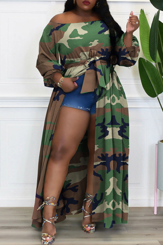 Army Green Fashion Casual Print Bandage Patchwork Slit Off the Shoulder Long Sleeve Plus Size Dresses