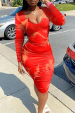 Red Fashion Casual Print Tie-dye U Neck Long Sleeve Dresses