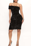 Black Sexy Solid Sequins Patchwork Asymmetrical Off the Shoulder Pencil Skirt Dresses