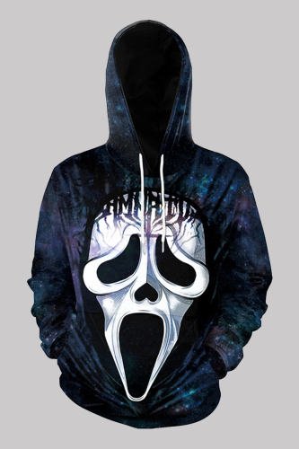 Tibetan Blue Fashion Casual Print Patchwork Hooded Collar Tops