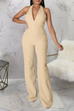 Apricot Sexy Solid Patchwork Backless V Neck Straight Jumpsuits
