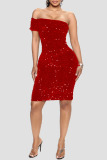 Red Sexy Solid Sequins Patchwork Asymmetrical Off the Shoulder Pencil Skirt Dresses
