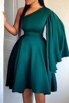 Green Fashion Casual Solid Patchwork Backless Oblique Collar A Line Dresses