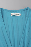 Sky Blue Casual Solid Patchwork Fold With Belt V Neck Evening Dress Dresses