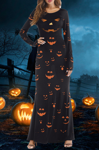 Black Halloween Pumpkin Print Long Sleeve Floor Length Slim Fit Straight Maxi Dress