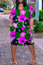 Rose Red Fashion Casual Print Patchwork V Neck Short Sleeve Dress