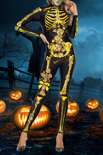 Black Yellow Halloween Costumes 3D Print Skeleton Cosplay Stretch Skinny Catsuit Jumpsuit Bodysuit