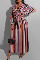 Rose Red Fashion Casual Striped Print With Belt Turndown Collar Long Sleeve Plus Size Dresses