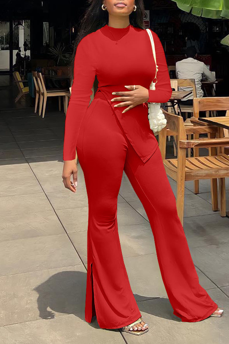Casual Patchwork Slit O Neck Long Sleeve Two Pieces(3 Colors)