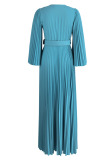 Sky Blue Casual Solid Patchwork Fold With Belt V Neck Evening Dress Dresses