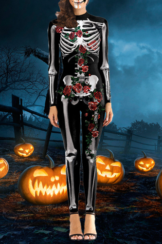Black Red Halloween Costumes 3D Print Skeleton Cosplay Stretch Skinny Catsuit Jumpsuit Bodysuit