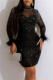 Blue Fashion Sexy Patchwork Hot Drilling See-through Feathers Half A Turtleneck Long Sleeve Dresses