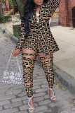 Khaki Sexy Street Print Hollowed Out Turn-back Collar Two Pieces