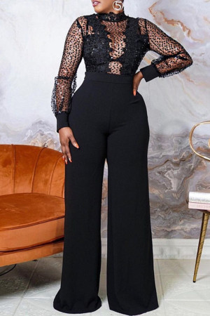 Black Fashion Sexy Patchwork Sequins See-through Turtleneck Regular ...