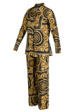 Yellow Casual Print Patchwork Buckle Turndown Collar Long Sleeve Two Pieces