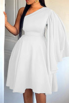 White Fashion Casual Solid Patchwork Backless Oblique Collar A Line Dresses