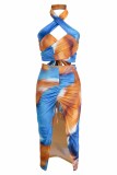 Brown Fashion Street Print Patchwork Halter Sleeveless Two Pieces