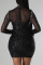 Black Fashion Sexy Patchwork Hot Drilling See-through Feathers Half A Turtleneck Long Sleeve Dresses