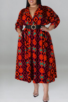 Red Casual Print Patchwork With Belt Turndown Collar Shirt Dress Plus Size Dresses