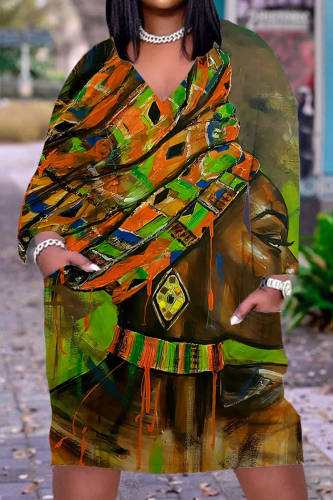 Army Green Fashion Casual Print Patchwork V Neck Long Sleeve Dresses
