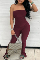 Coffee Sexy Solid Patchwork Strapless Skinny Jumpsuits